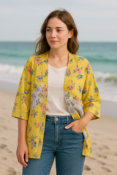 Kimono jaune fleuri et chouchou